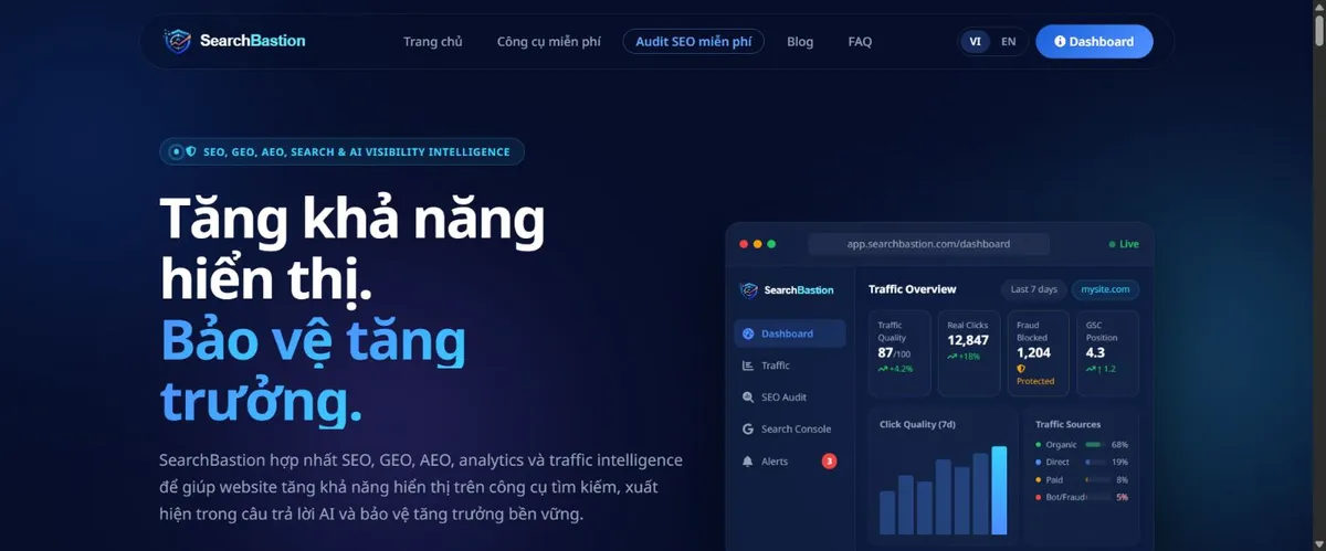 Trang chủ SearchBastion với nhận diện mới và nội dung về SEO, GEO, AEO, AI visibility