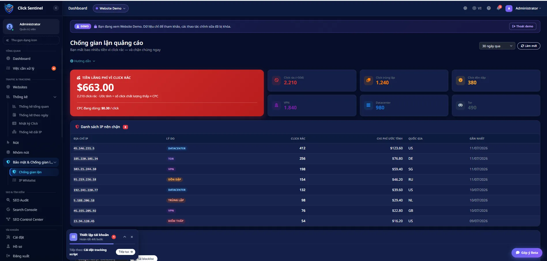 Màn hình chống gian lận quảng cáo ClickSentinel với danh sách IP nghi vấn theo lý do: datacenter, Tor, VPN, click dồn dập