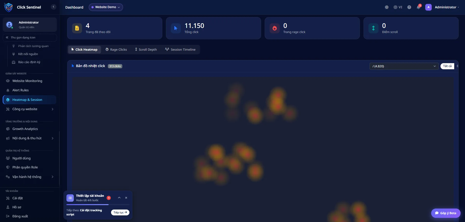 Màn hình Click Heatmap & Session của ClickSentinel hiển thị bản đồ nhiệt click trên giao diện website