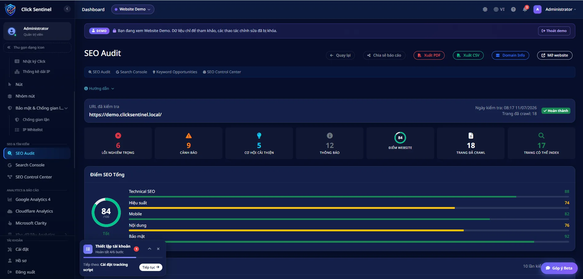 Màn hình SEO Audit ClickSentinel với điểm SEO tổng, số lỗi nghiêm trọng, cảnh báo và điểm theo từng hạng mục Technical SEO, hiệu suất, mobile, nội dung, bảo mật