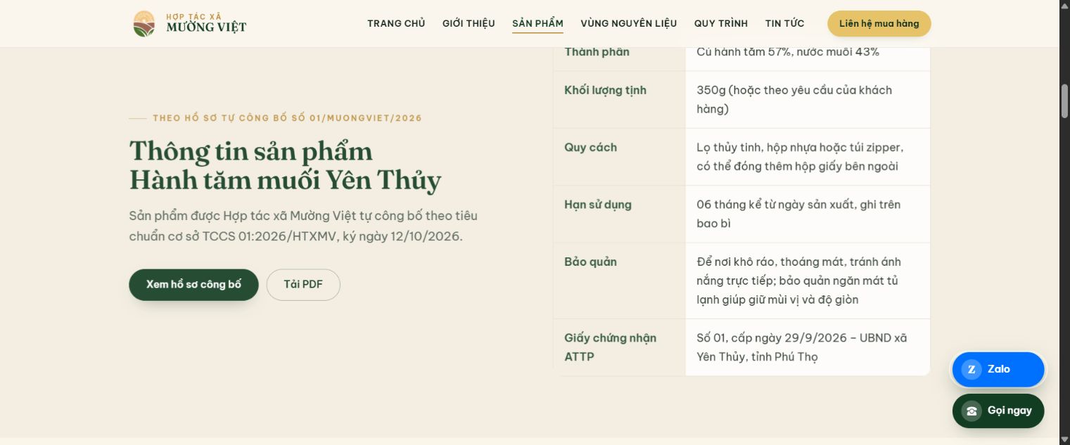 Trang sản phẩm Mường Việt trình bày bảng thành phần, quy cách và đường dẫn hồ sơ công bố