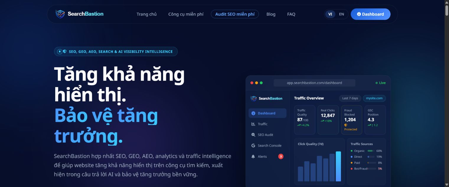 Trang chủ SearchBastion với nhận diện mới và nội dung về SEO, GEO, AEO, AI visibility